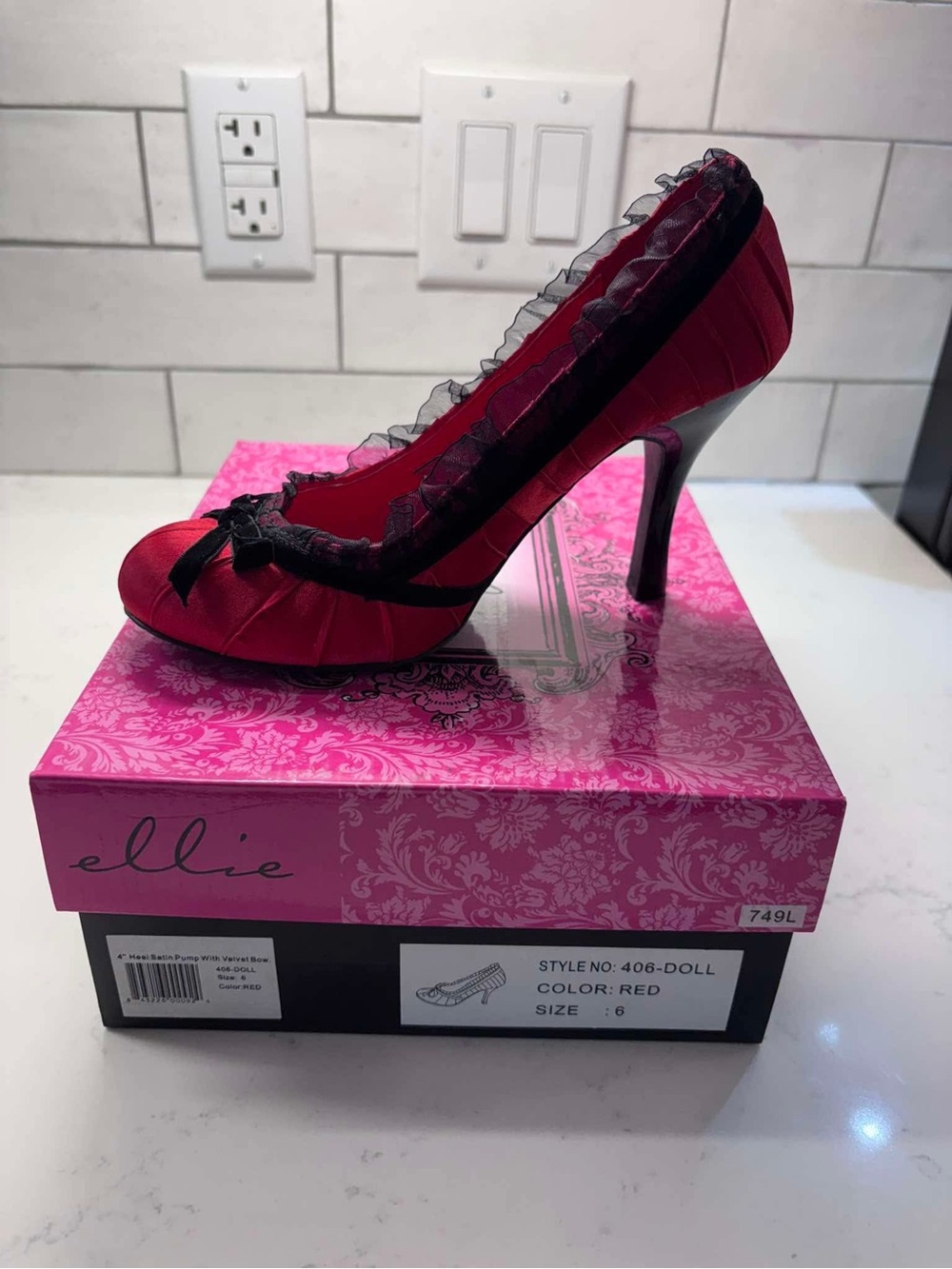 Ellie Red Satin Pump with Black Ruffle Trim